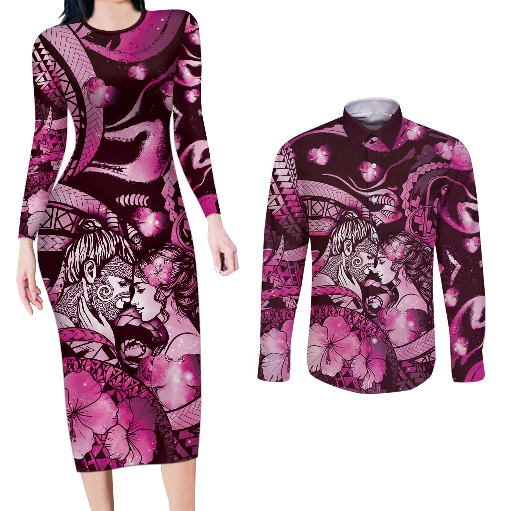 Personalised Maori Romantic Valentine Couples Matching Long Sleeve Bodycon Dress and Long Sleeve Button Shirt The Hongi Kiss Pink Galaxy