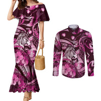 Personalised Maori Romantic Valentine Couples Matching Mermaid Dress and Long Sleeve Button Shirt The Hongi Kiss Pink Galaxy