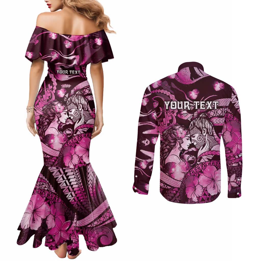 Personalised Maori Romantic Valentine Couples Matching Mermaid Dress and Long Sleeve Button Shirt The Hongi Kiss Pink Galaxy