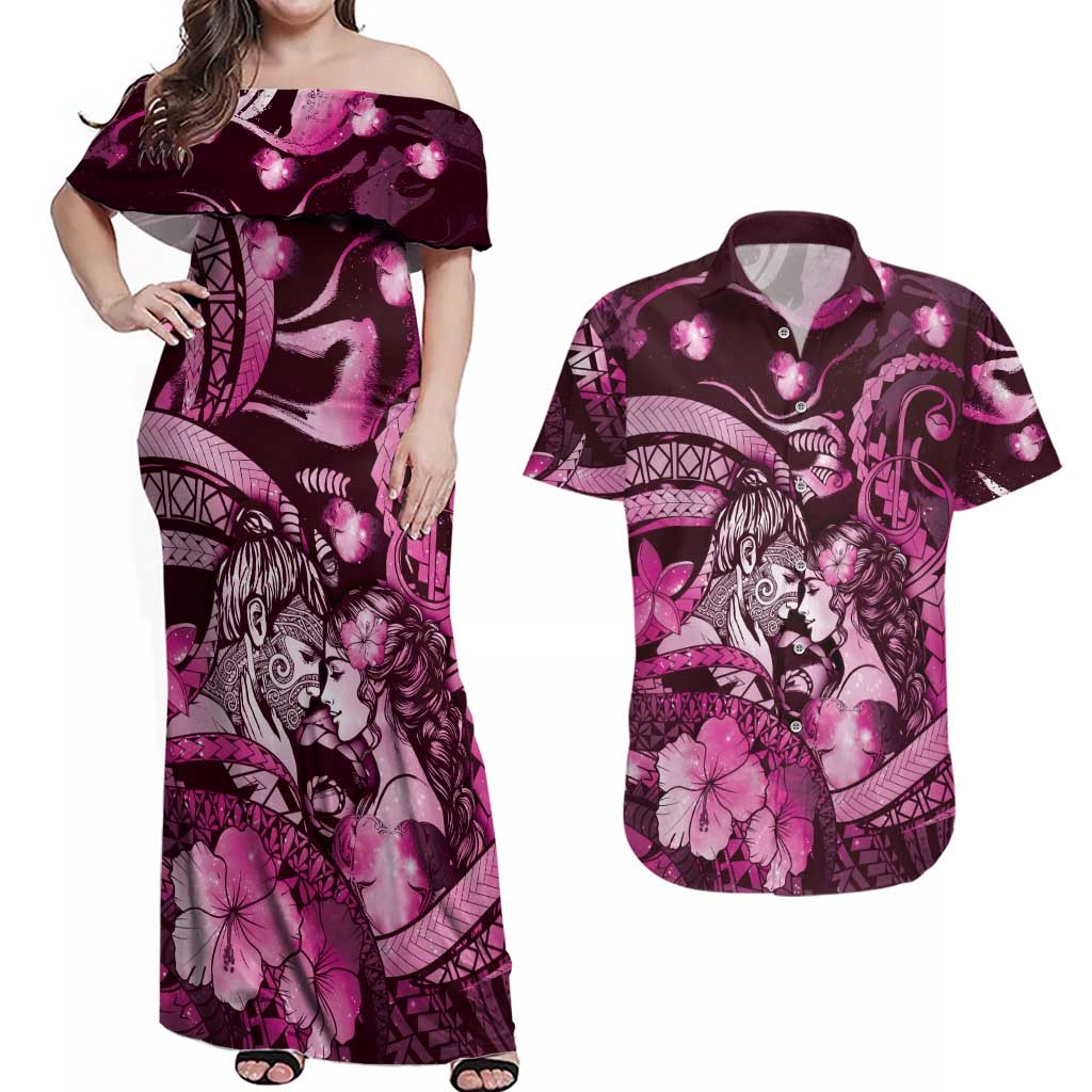 Personalised Maori Romantic Valentine Couples Matching Off Shoulder Maxi Dress and Hawaiian Shirt The Hongi Kiss Pink Galaxy