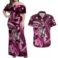Personalised Maori Romantic Valentine Couples Matching Off Shoulder Maxi Dress and Hawaiian Shirt The Hongi Kiss Pink Galaxy
