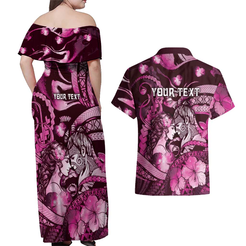 Personalised Maori Romantic Valentine Couples Matching Off Shoulder Maxi Dress and Hawaiian Shirt The Hongi Kiss Pink Galaxy