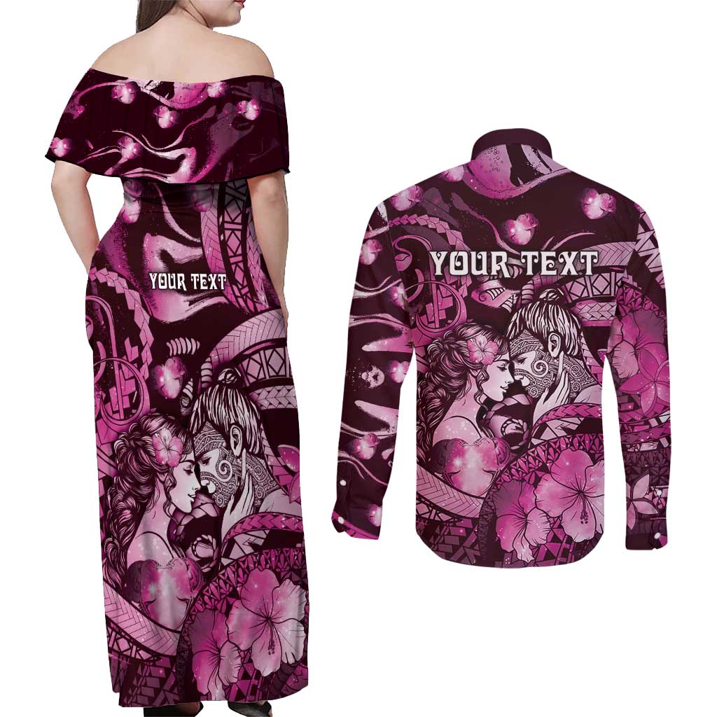 Personalised Maori Romantic Valentine Couples Matching Off Shoulder Maxi Dress and Long Sleeve Button Shirt The Hongi Kiss Pink Galaxy