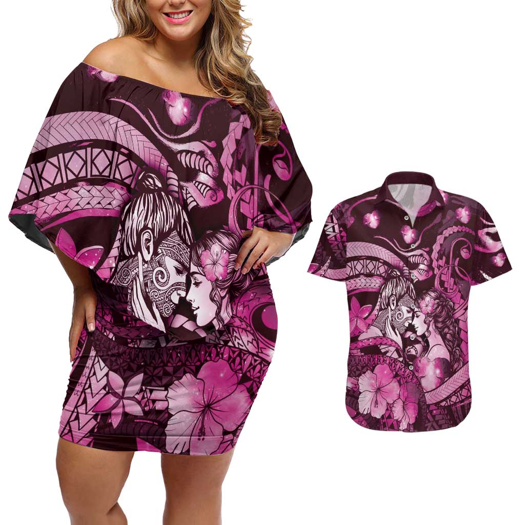 Personalised Maori Romantic Valentine Couples Matching Off Shoulder Short Dress and Hawaiian Shirt The Hongi Kiss Pink Galaxy
