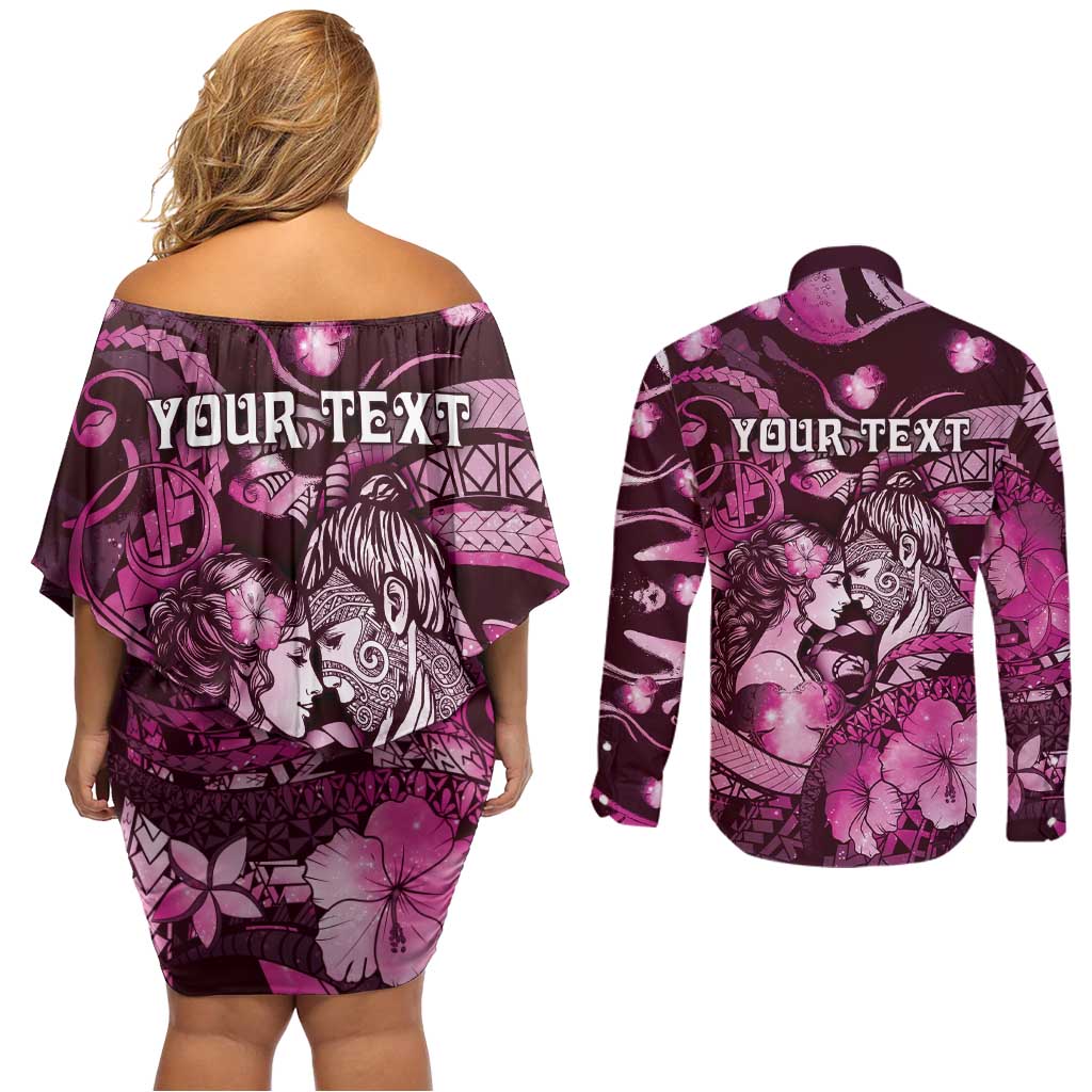 Personalised Maori Romantic Valentine Couples Matching Off Shoulder Short Dress and Long Sleeve Button Shirt The Hongi Kiss Pink Galaxy