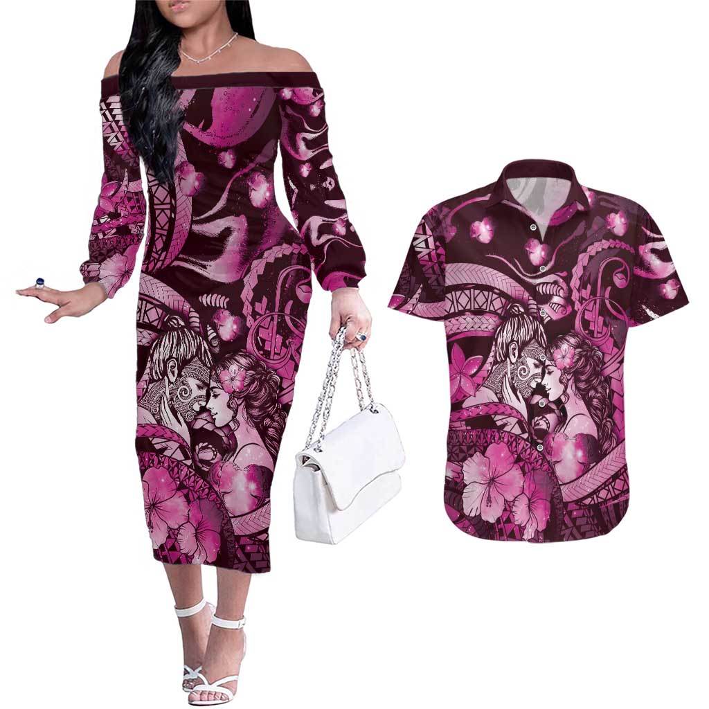 Personalised Maori Romantic Valentine Couples Matching Off The Shoulder Long Sleeve Dress and Hawaiian Shirt The Hongi Kiss Pink Galaxy
