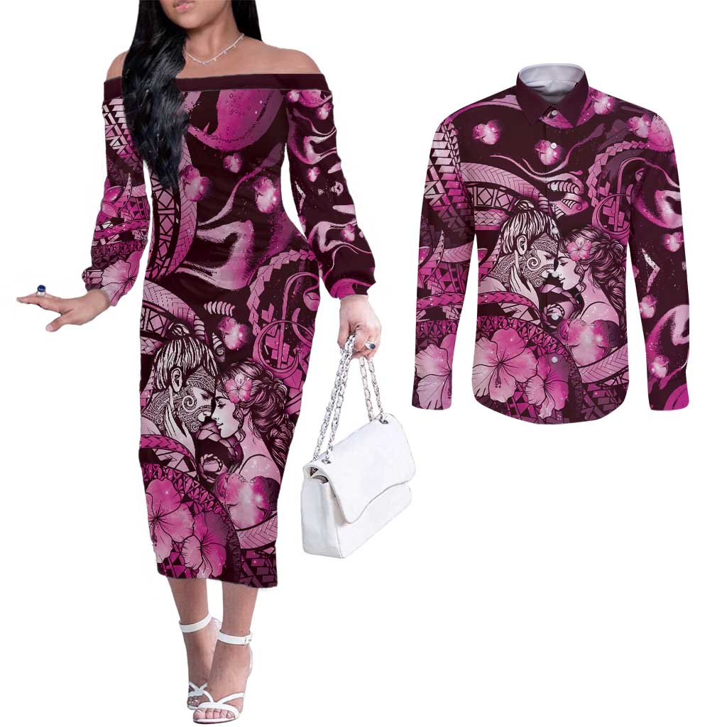 Personalised Maori Romantic Valentine Couples Matching Off The Shoulder Long Sleeve Dress and Long Sleeve Button Shirt The Hongi Kiss Pink Galaxy