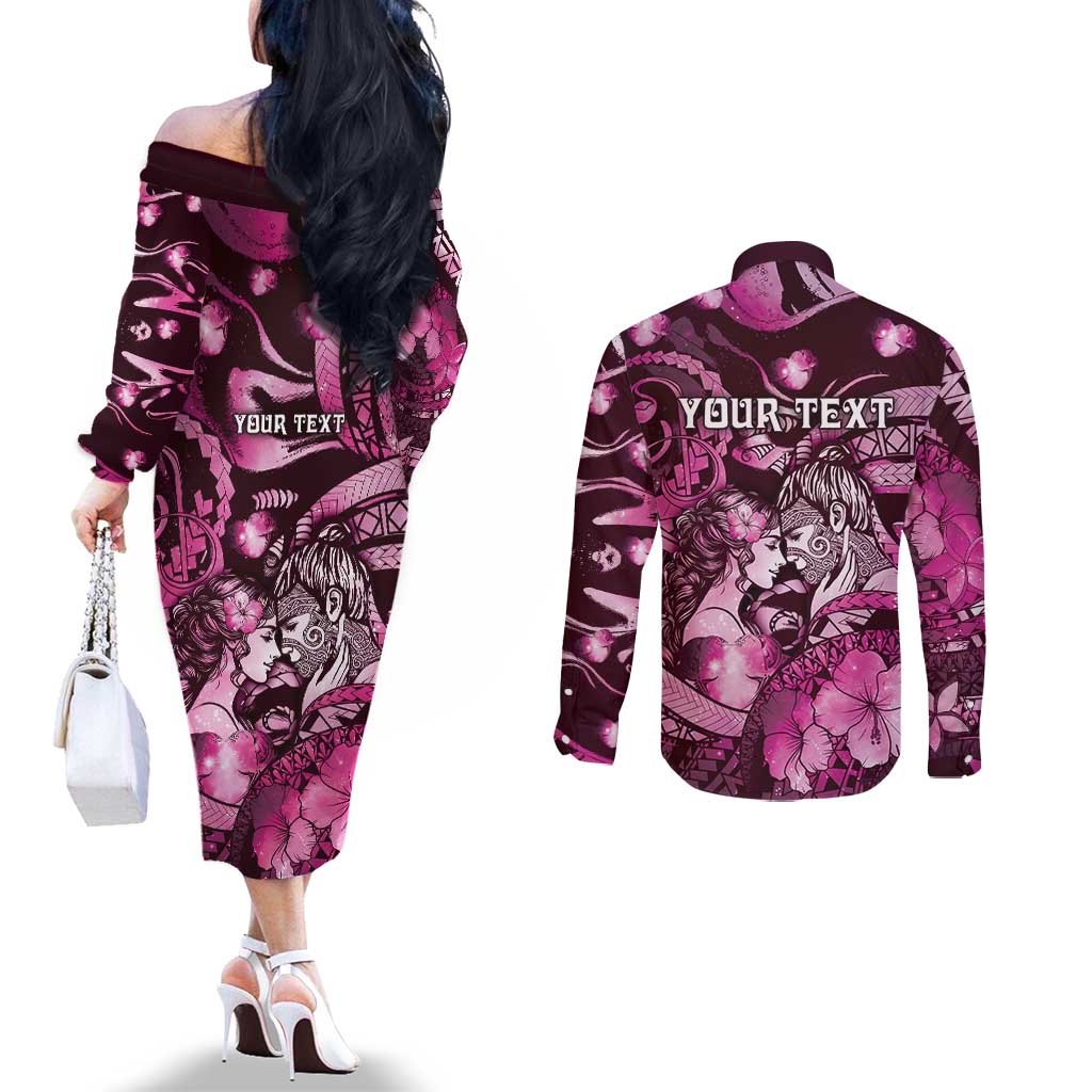 Personalised Maori Romantic Valentine Couples Matching Off The Shoulder Long Sleeve Dress and Long Sleeve Button Shirt The Hongi Kiss Pink Galaxy