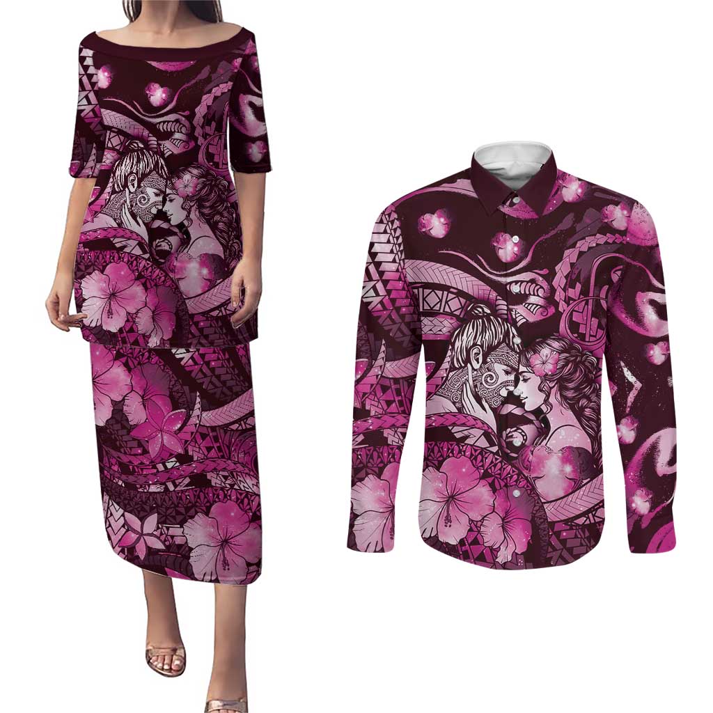 Personalised Maori Romantic Valentine Couples Matching Puletasi and Long Sleeve Button Shirt The Hongi Kiss Pink Galaxy