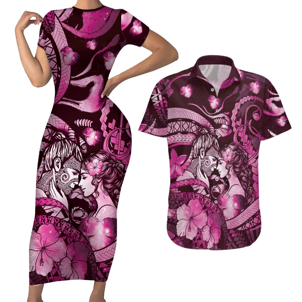 Personalised Maori Romantic Valentine Couples Matching Short Sleeve Bodycon Dress and Hawaiian Shirt The Hongi Kiss Pink Galaxy