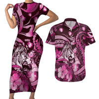 Personalised Maori Romantic Valentine Couples Matching Short Sleeve Bodycon Dress and Hawaiian Shirt The Hongi Kiss Pink Galaxy