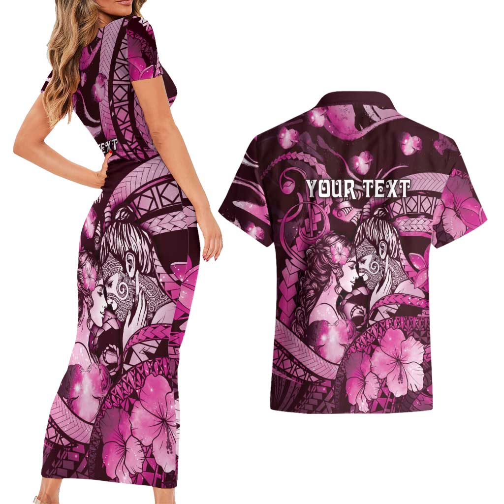 Personalised Maori Romantic Valentine Couples Matching Short Sleeve Bodycon Dress and Hawaiian Shirt The Hongi Kiss Pink Galaxy
