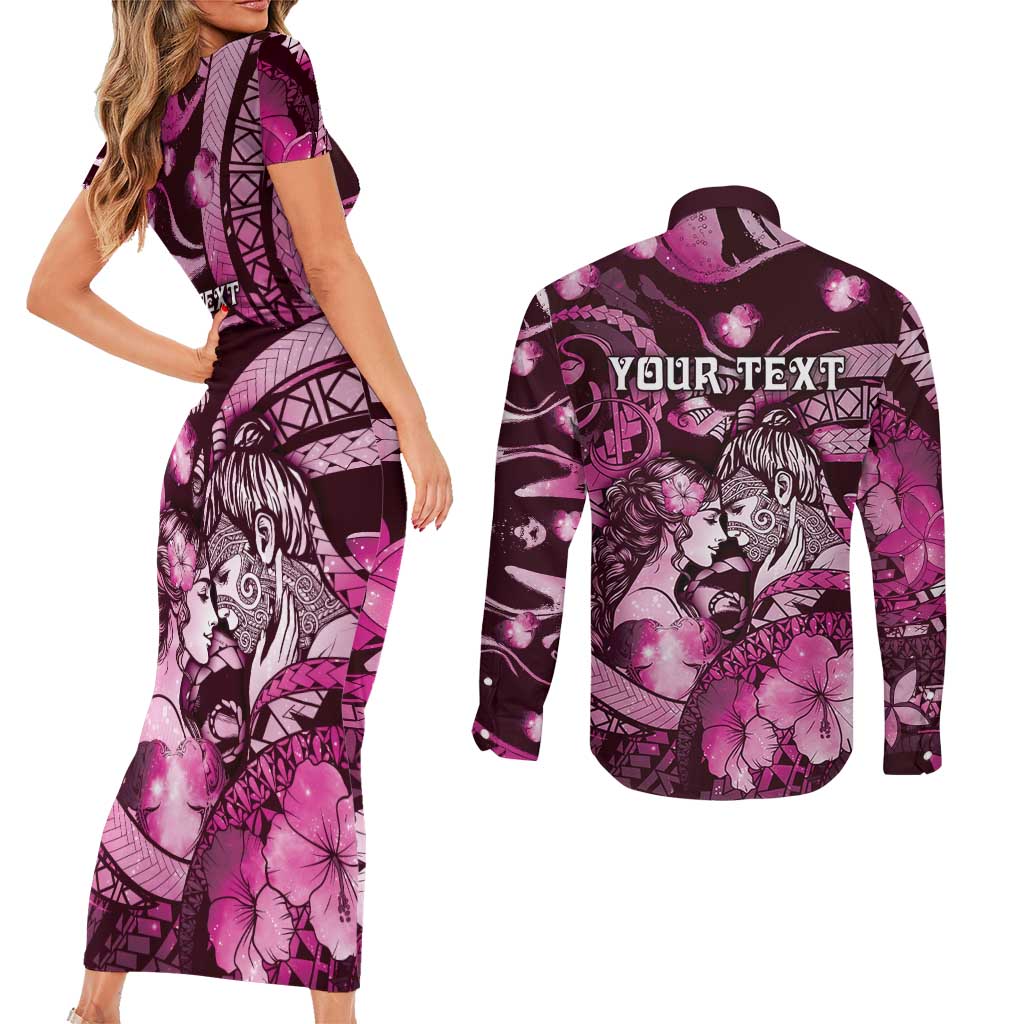 Personalised Maori Romantic Valentine Couples Matching Short Sleeve Bodycon Dress and Long Sleeve Button Shirt The Hongi Kiss Pink Galaxy