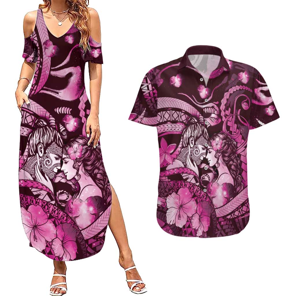 Personalised Maori Romantic Valentine Couples Matching Summer Maxi Dress and Hawaiian Shirt The Hongi Kiss Pink Galaxy