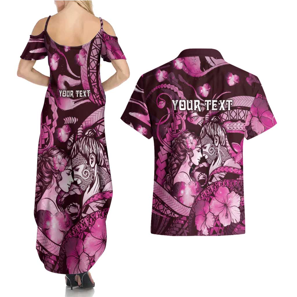 Personalised Maori Romantic Valentine Couples Matching Summer Maxi Dress and Hawaiian Shirt The Hongi Kiss Pink Galaxy