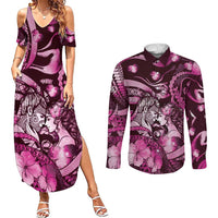 Personalised Maori Romantic Valentine Couples Matching Summer Maxi Dress and Long Sleeve Button Shirt The Hongi Kiss Pink Galaxy