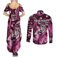 Personalised Maori Romantic Valentine Couples Matching Summer Maxi Dress and Long Sleeve Button Shirt The Hongi Kiss Pink Galaxy