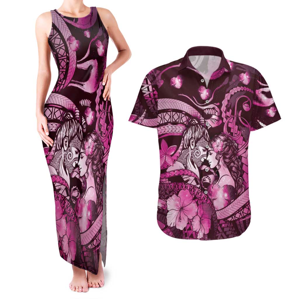 Personalised Maori Romantic Valentine Couples Matching Tank Maxi Dress and Hawaiian Shirt The Hongi Kiss Pink Galaxy