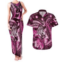 Personalised Maori Romantic Valentine Couples Matching Tank Maxi Dress and Hawaiian Shirt The Hongi Kiss Pink Galaxy