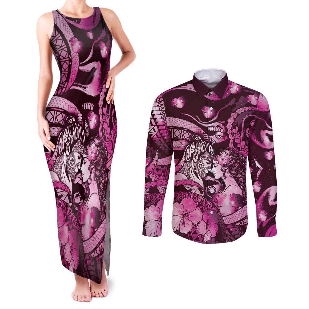 Personalised Maori Romantic Valentine Couples Matching Tank Maxi Dress and Long Sleeve Button Shirt The Hongi Kiss Pink Galaxy