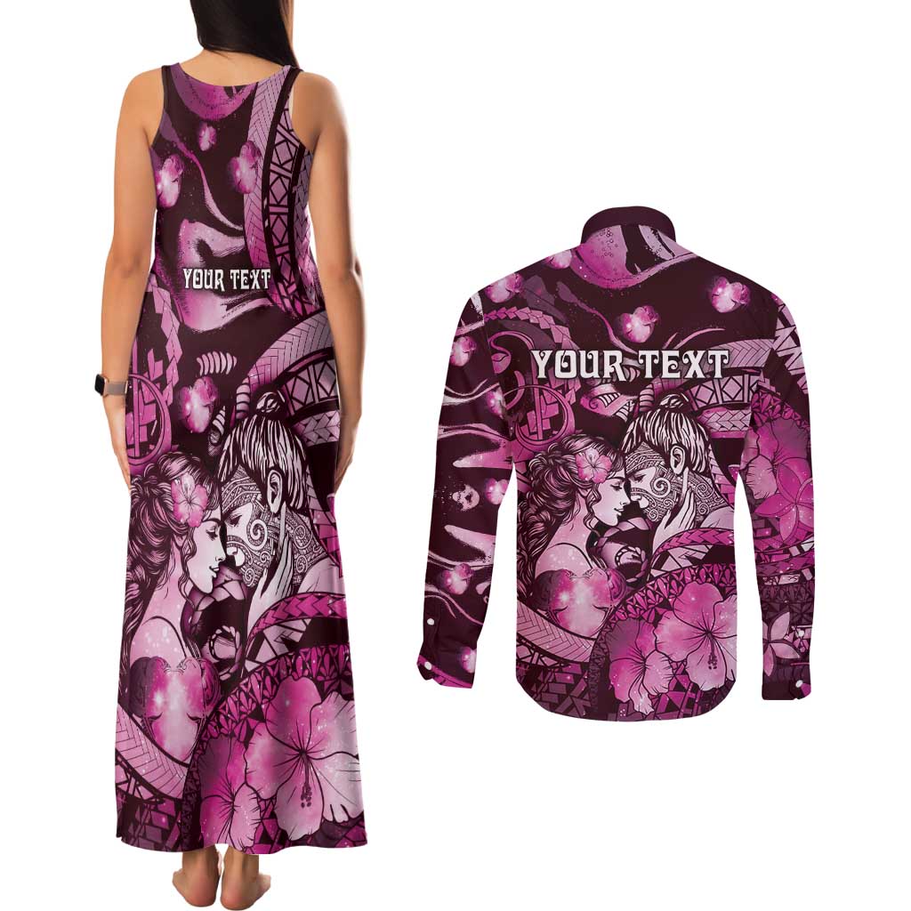 Personalised Maori Romantic Valentine Couples Matching Tank Maxi Dress and Long Sleeve Button Shirt The Hongi Kiss Pink Galaxy