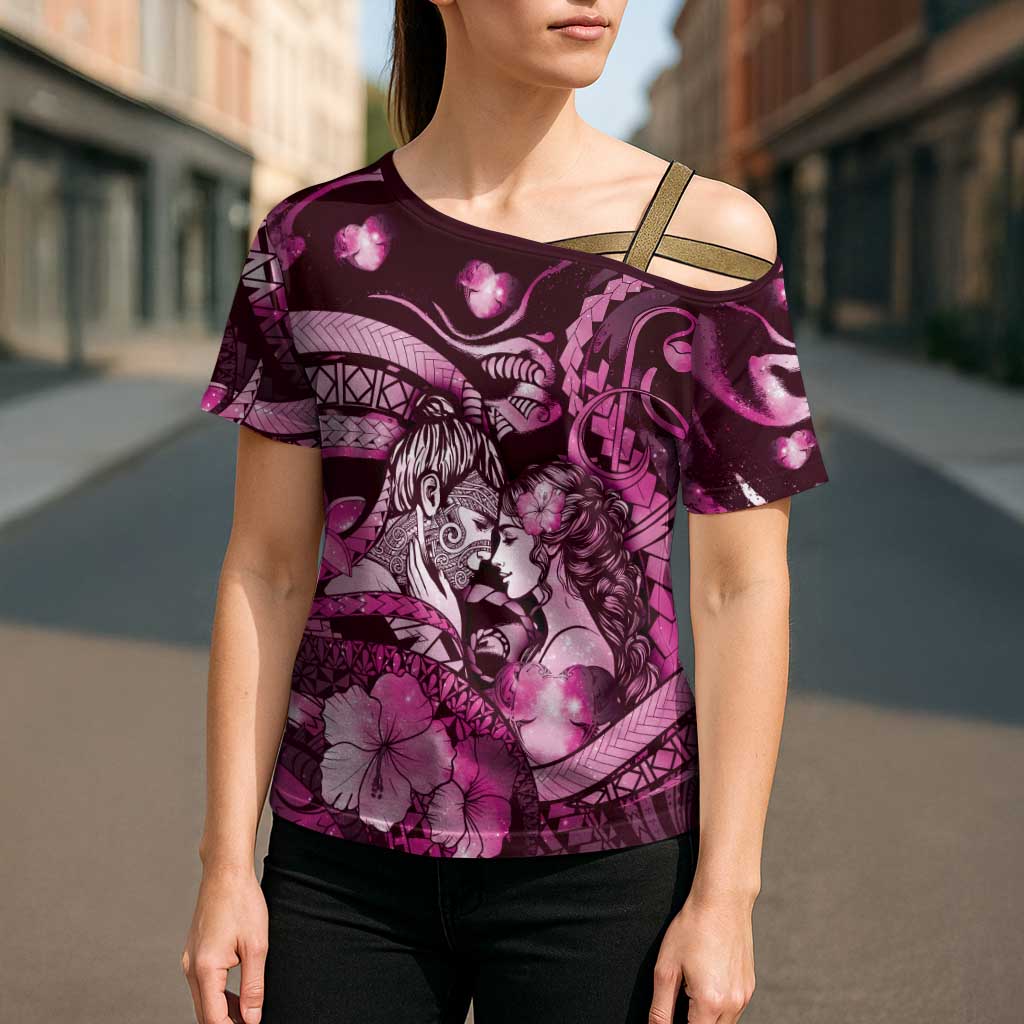 Personalised Maori Romantic Valentine Cross Shoulder Shirt The Hongi Kiss Pink Galaxy