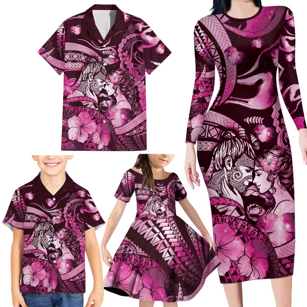 Personalised Maori Romantic Valentine Family Matching Long Sleeve Bodycon Dress and Hawaiian Shirt The Hongi Kiss Pink Galaxy