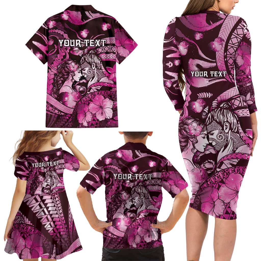 Personalised Maori Romantic Valentine Family Matching Long Sleeve Bodycon Dress and Hawaiian Shirt The Hongi Kiss Pink Galaxy