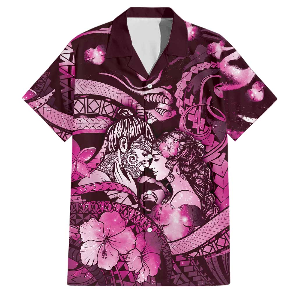 Personalised Maori Romantic Valentine Family Matching Long Sleeve Bodycon Dress and Hawaiian Shirt The Hongi Kiss Pink Galaxy