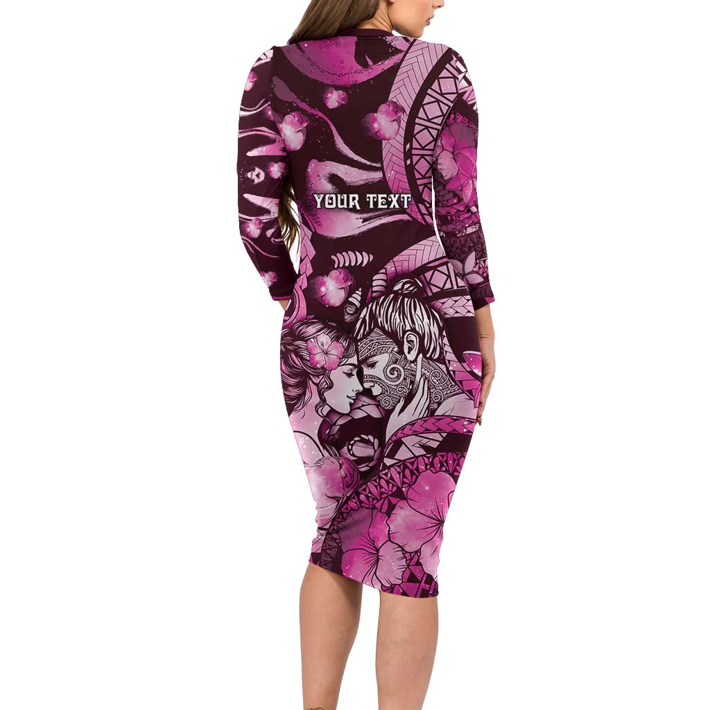 Personalised Maori Romantic Valentine Family Matching Long Sleeve Bodycon Dress and Hawaiian Shirt The Hongi Kiss Pink Galaxy
