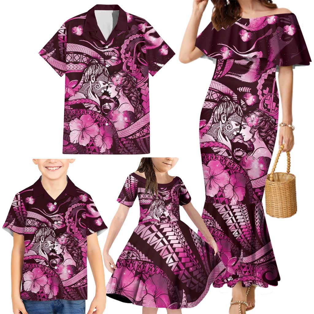 Personalised Maori Romantic Valentine Family Matching Mermaid Dress and Hawaiian Shirt The Hongi Kiss Pink Galaxy