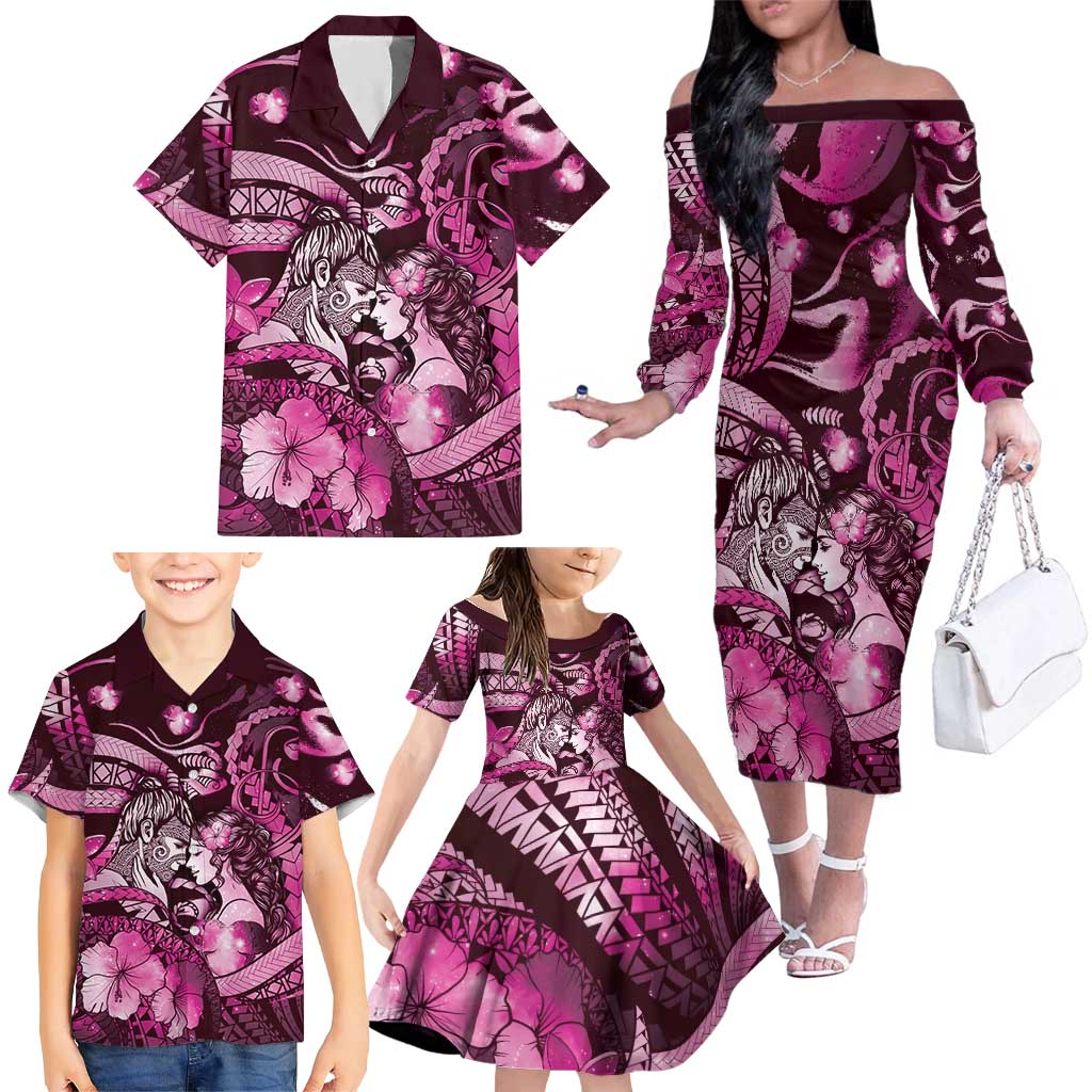 Personalised Maori Romantic Valentine Family Matching Off The Shoulder Long Sleeve Dress and Hawaiian Shirt The Hongi Kiss Pink Galaxy
