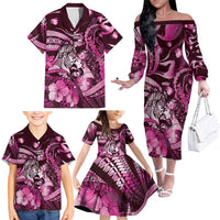 Personalised Maori Romantic Valentine Family Matching Off The Shoulder Long Sleeve Dress and Hawaiian Shirt The Hongi Kiss Pink Galaxy