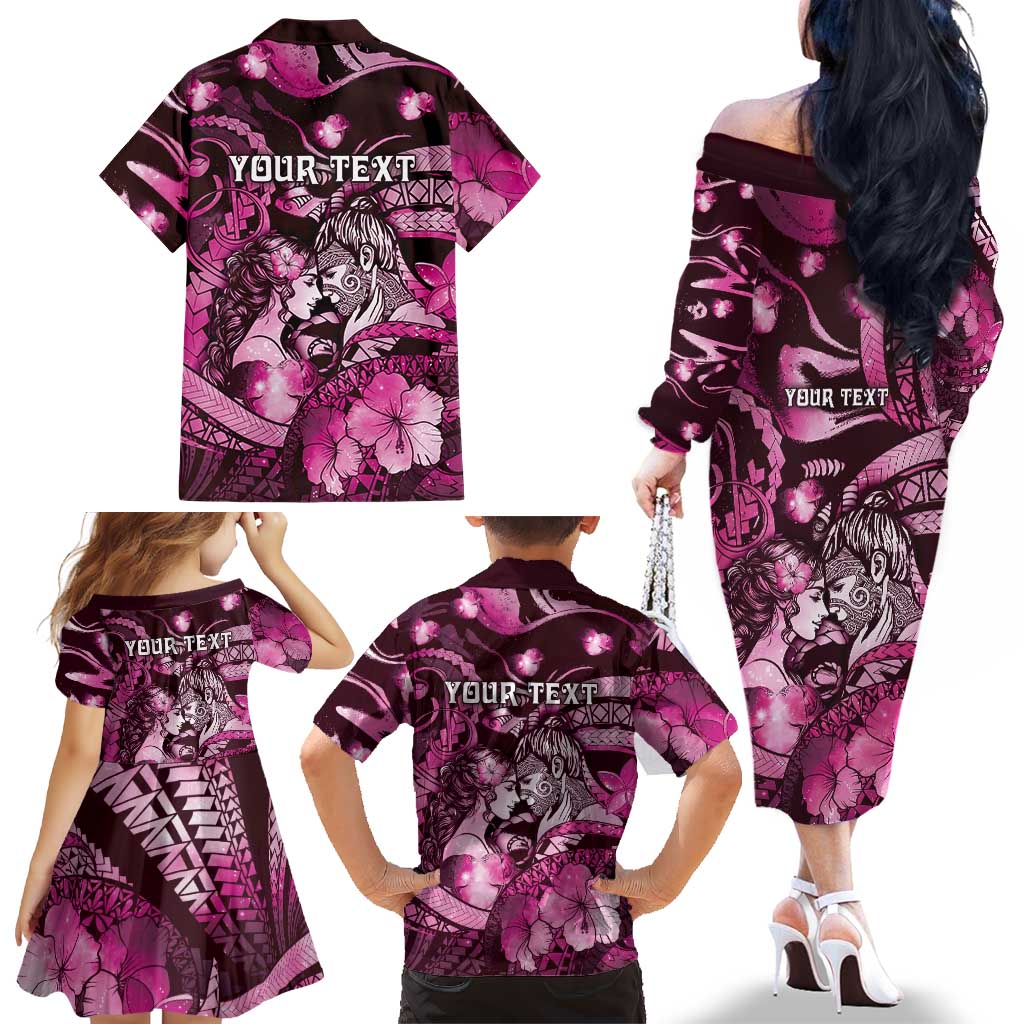 Personalised Maori Romantic Valentine Family Matching Off The Shoulder Long Sleeve Dress and Hawaiian Shirt The Hongi Kiss Pink Galaxy