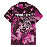 Personalised Maori Romantic Valentine Family Matching Off The Shoulder Long Sleeve Dress and Hawaiian Shirt The Hongi Kiss Pink Galaxy