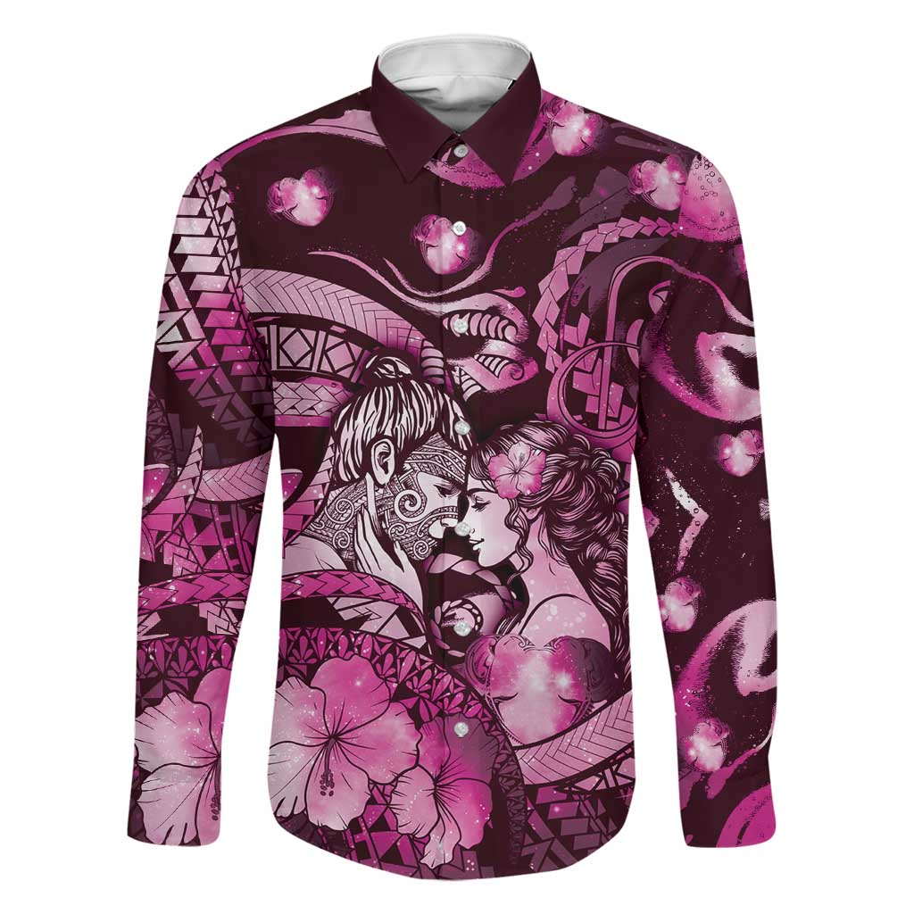 Personalised Maori Romantic Valentine Family Matching Off The Shoulder Long Sleeve Dress and Hawaiian Shirt The Hongi Kiss Pink Galaxy