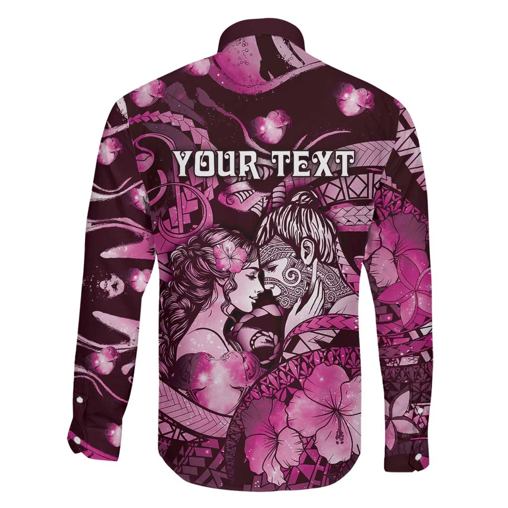 Personalised Maori Romantic Valentine Family Matching Off The Shoulder Long Sleeve Dress and Hawaiian Shirt The Hongi Kiss Pink Galaxy