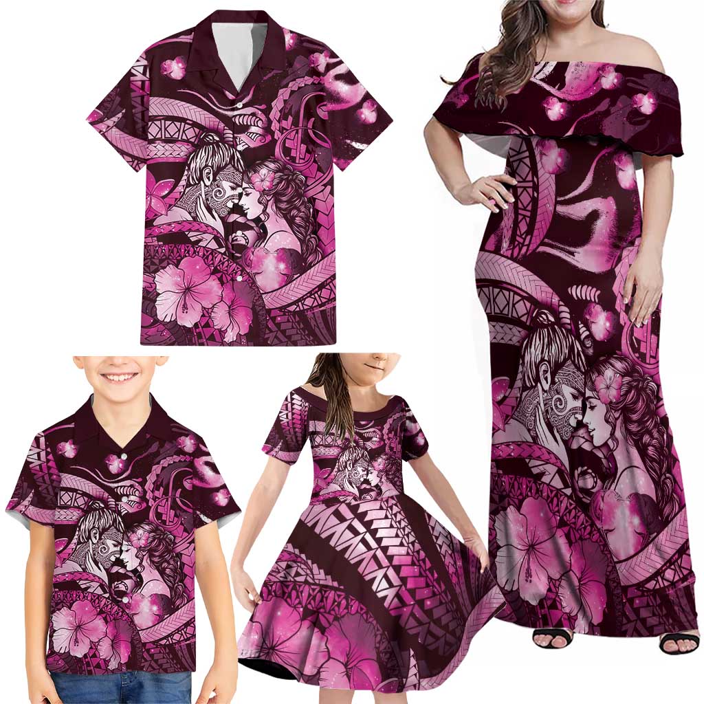 Personalised Maori Romantic Valentine Family Matching Off Shoulder Maxi Dress and Hawaiian Shirt The Hongi Kiss Pink Galaxy