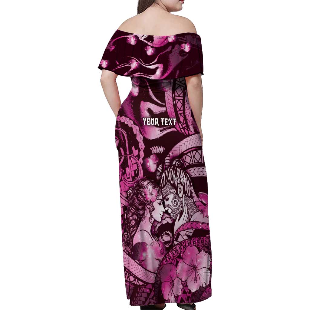 Personalised Maori Romantic Valentine Family Matching Off Shoulder Maxi Dress and Hawaiian Shirt The Hongi Kiss Pink Galaxy
