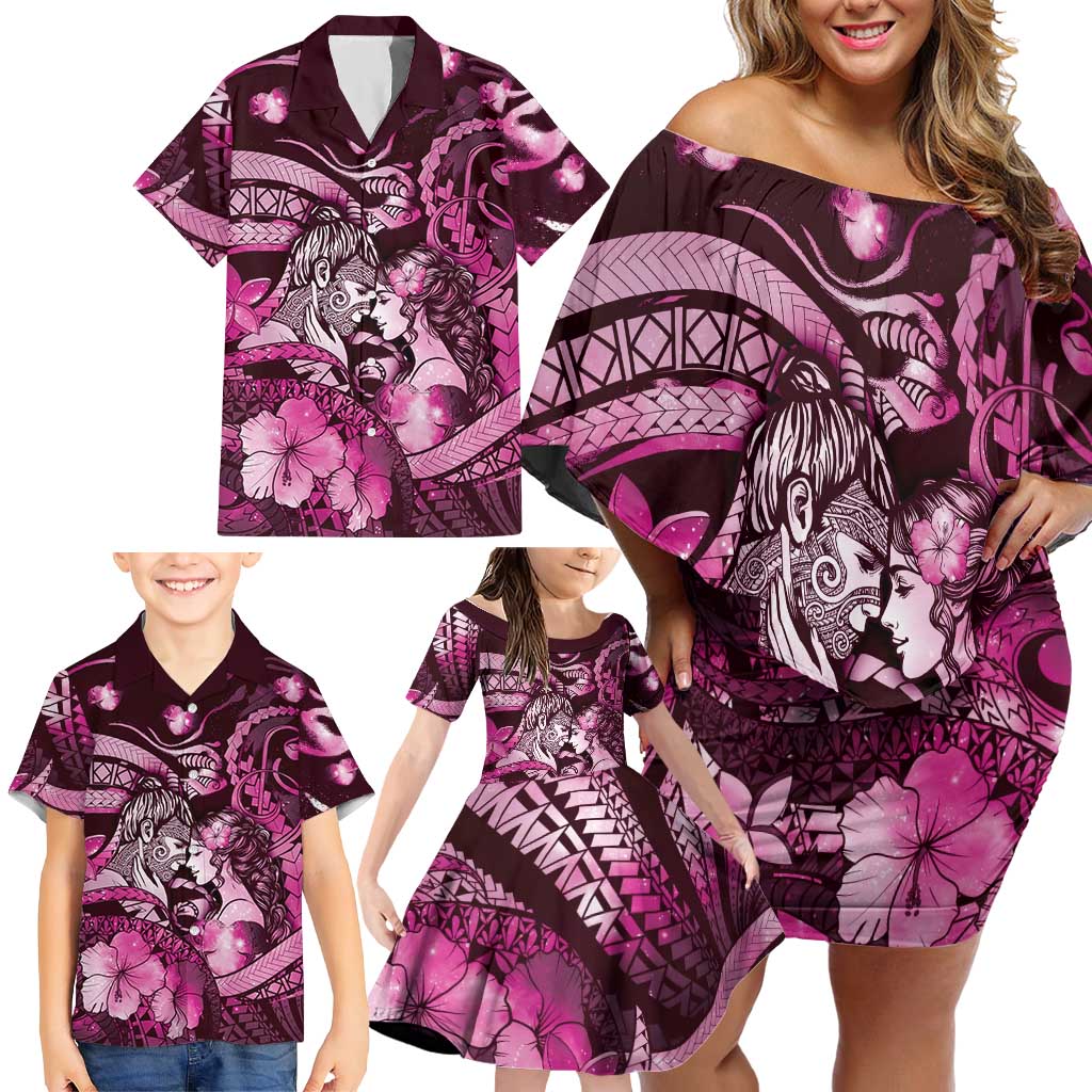Personalised Maori Romantic Valentine Family Matching Off Shoulder Short Dress and Hawaiian Shirt The Hongi Kiss Pink Galaxy
