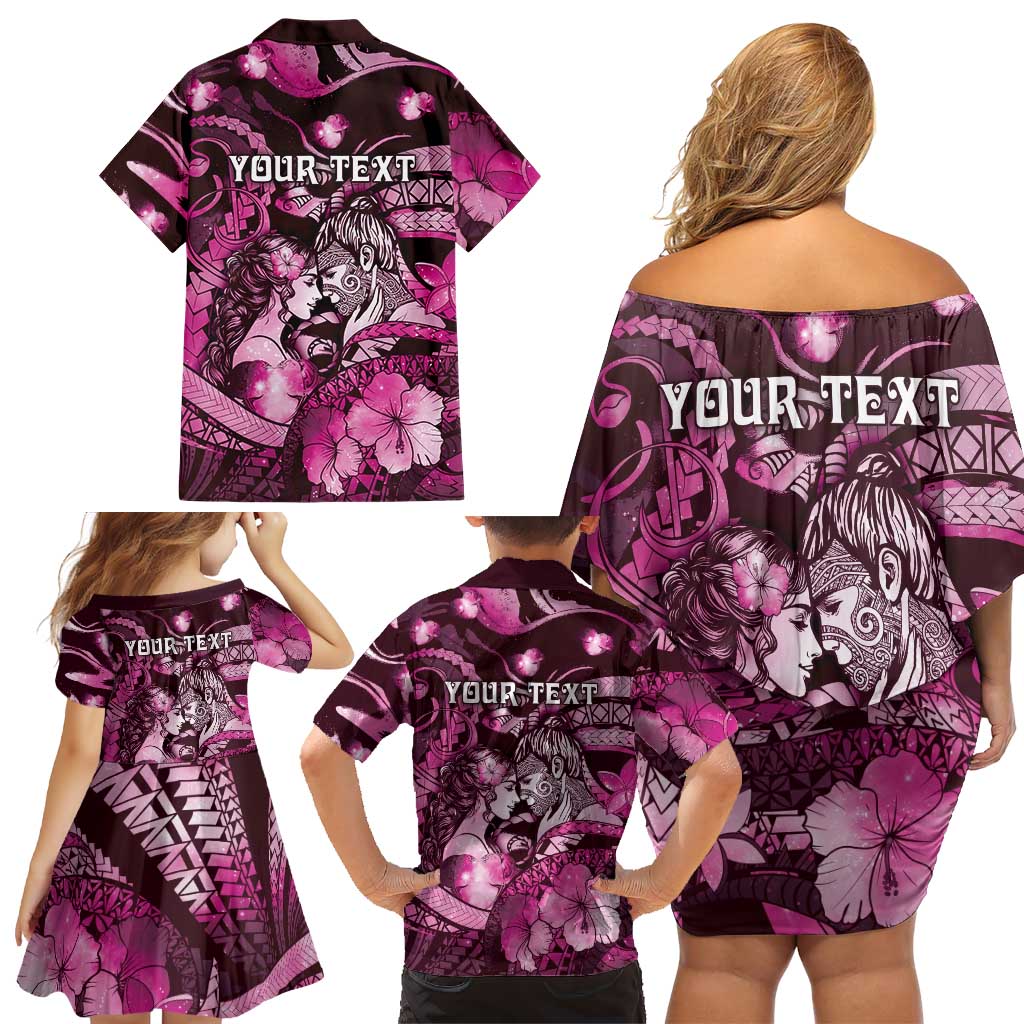 Personalised Maori Romantic Valentine Family Matching Off Shoulder Short Dress and Hawaiian Shirt The Hongi Kiss Pink Galaxy