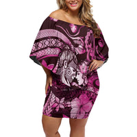Personalised Maori Romantic Valentine Family Matching Off Shoulder Short Dress and Hawaiian Shirt The Hongi Kiss Pink Galaxy