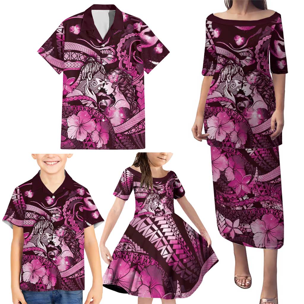 Personalised Maori Romantic Valentine Family Matching Puletasi and Hawaiian Shirt The Hongi Kiss Pink Galaxy