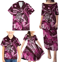 Personalised Maori Romantic Valentine Family Matching Puletasi and Hawaiian Shirt The Hongi Kiss Pink Galaxy