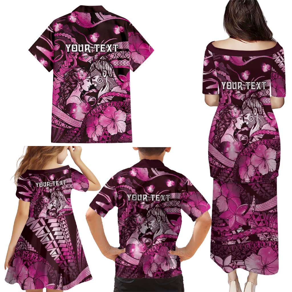 Personalised Maori Romantic Valentine Family Matching Puletasi and Hawaiian Shirt The Hongi Kiss Pink Galaxy