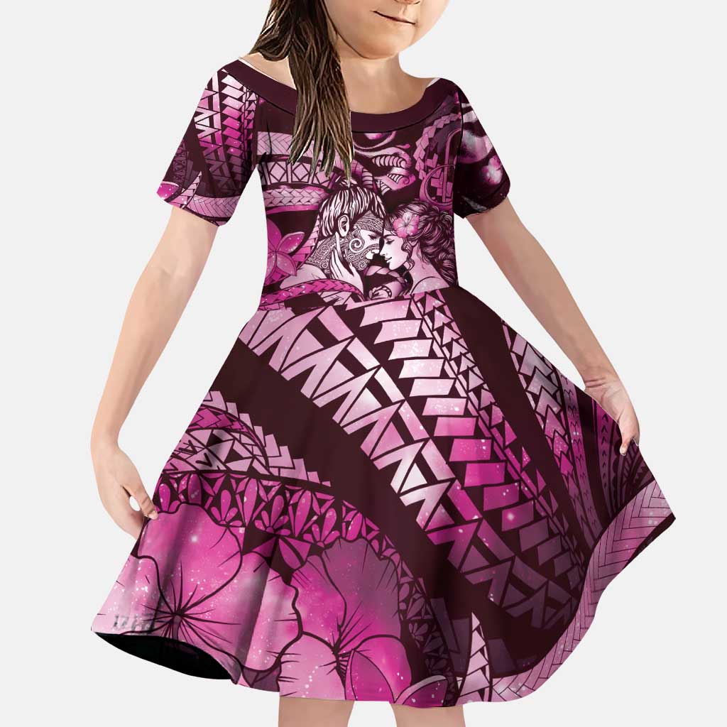 Personalised Maori Romantic Valentine Family Matching Short Sleeve Bodycon Dress and Hawaiian Shirt The Hongi Kiss Pink Galaxy