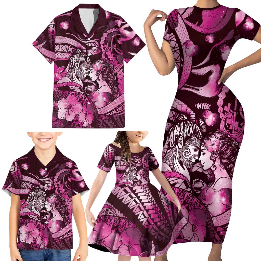 Personalised Maori Romantic Valentine Family Matching Short Sleeve Bodycon Dress and Hawaiian Shirt The Hongi Kiss Pink Galaxy