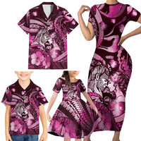 Personalised Maori Romantic Valentine Family Matching Short Sleeve Bodycon Dress and Hawaiian Shirt The Hongi Kiss Pink Galaxy