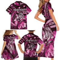 Personalised Maori Romantic Valentine Family Matching Short Sleeve Bodycon Dress and Hawaiian Shirt The Hongi Kiss Pink Galaxy