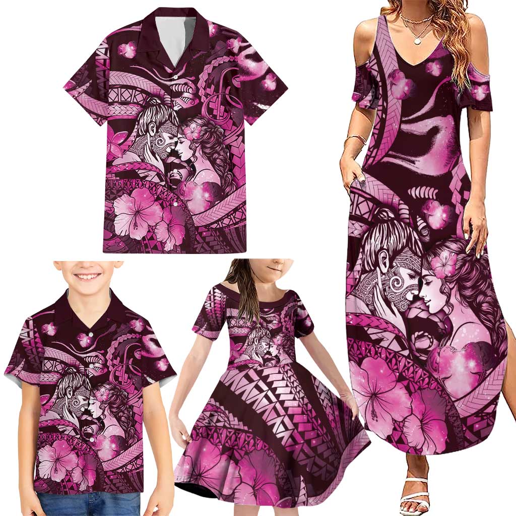 Personalised Maori Romantic Valentine Family Matching Summer Maxi Dress and Hawaiian Shirt The Hongi Kiss Pink Galaxy